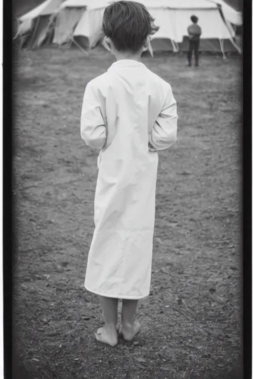 Image similar to photo polaroid of a sad and lonely child in a white coat and barefoot stands in the middle from behind the camera many big tents of field hospitals, pandemic, covid, loneliness, black and white ,photorealistic, 35mm film,