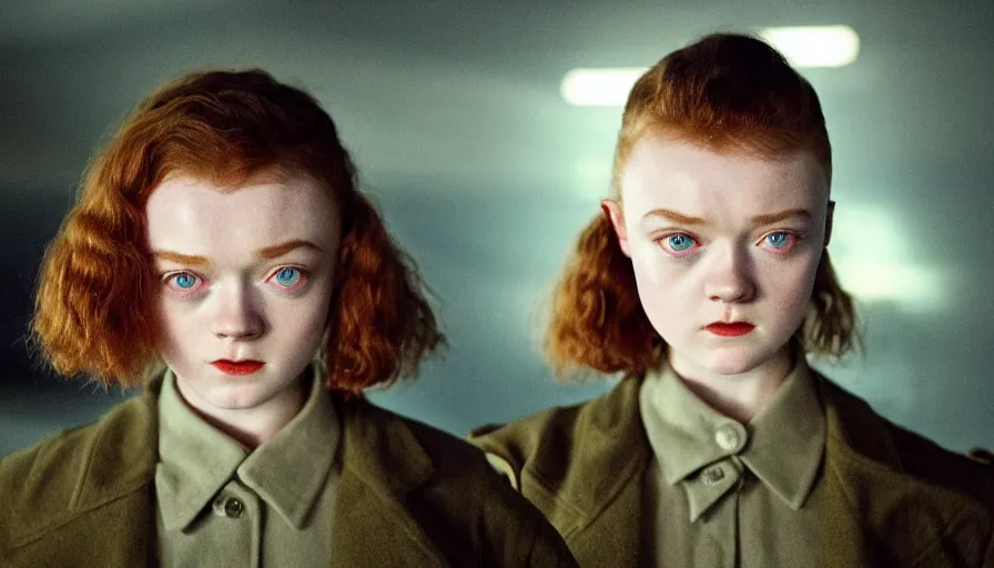 Prompt: sadie sink with military cut hair in oversized man's coat : a still from a scifi soviet cyberpunk film from 1 9 8 0 s. by steven spielberg and james cameron. 6 5 mm low grain film stock. sharp focus, realistic facial expression, perfect anatomy, global illumination, radiant light, detailed and intricate environment, trending on artstation