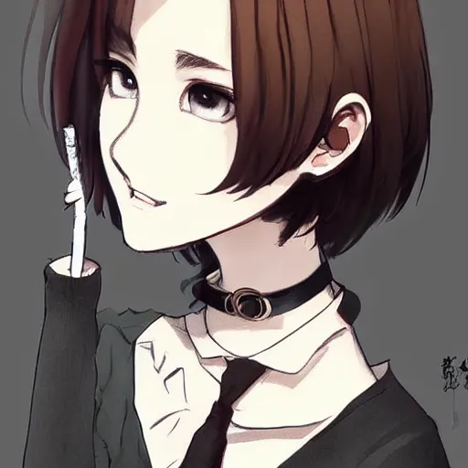 Image similar to portrait of a girl with short brown hair, wearing a white blouse and black choker, smoking a cigarette, drawn by WLOP, by Avetetsuya Studios, attractive character, colored sketch anime manga panel, unsaturated, dull colors, trending on Artstation