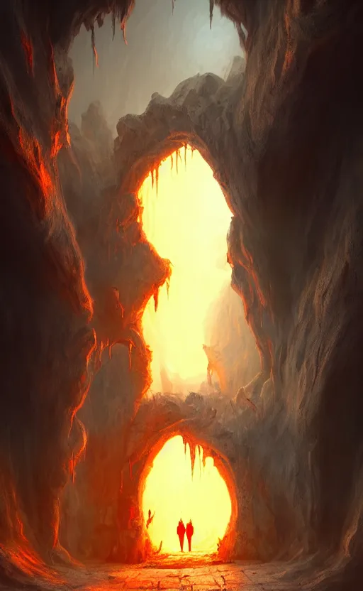 Prompt: a gate into hell, portal, doorway, in the distance of a giant cave, dynamic lighting, ambient lighting, atmospherical, photorealistic fantasy concept art, trending on art station, stunning visuals, creative, cinematic, ultra detailed