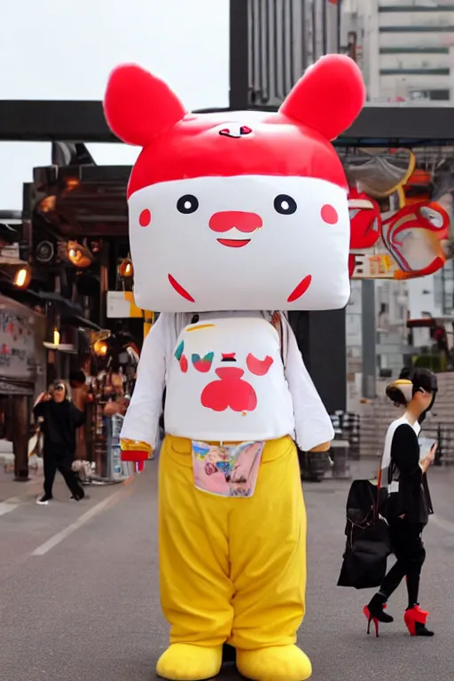 Image similar to 35mm of a very cute, minimal, adorable and creative Japanese mascot character costume, full body and head view, very magical and dreamy, designed by Gucci,kawaii, magical details