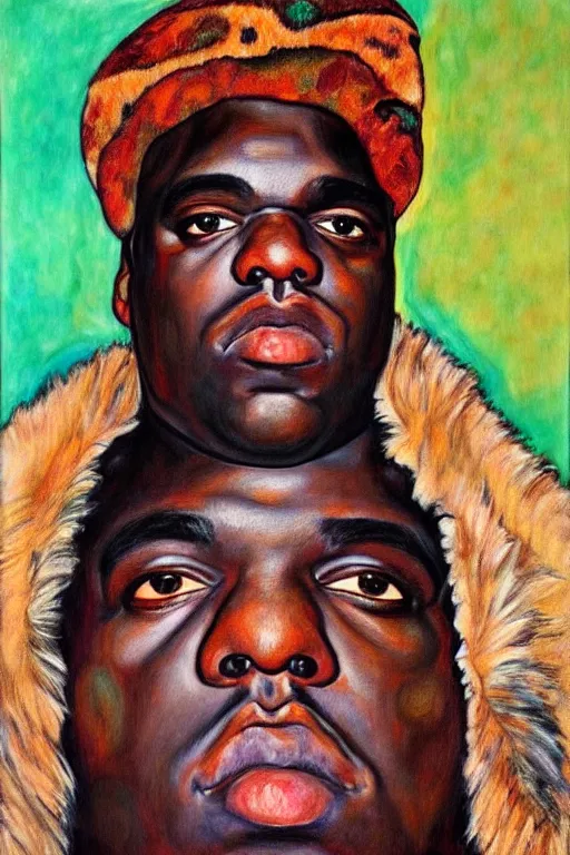 Image similar to a portrait of biggie smalls wearing boho - chic style clothes, with a fur muffler, full body!!, realistic painting in egon schiele style, masterpiece, hyperdetailed, complex, intricate, 4 k, hyperrealistic, trending on artstation