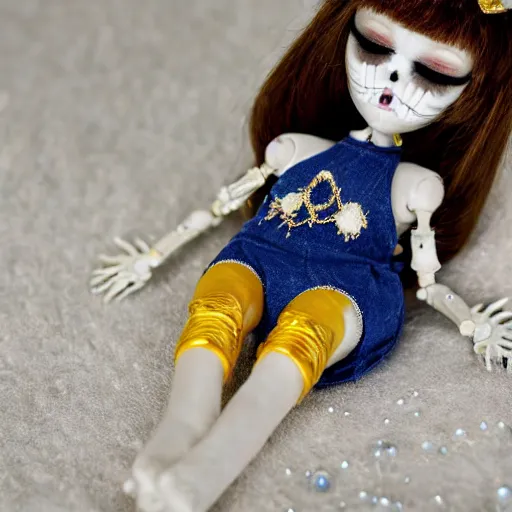 Image similar to lovely realistic ball jointed high end lapis lazuli with gold inclusions skeleton doll with cute white yellow overalls and cute nature themed accessories, inside gothic doll manor bedroom, god rays, dust particles, photorealistic, aesthetic shot, worms eye view, macro camera lens, high definition, thematic, cinematic, lens flare