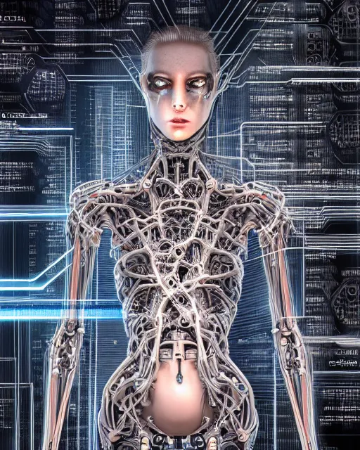 Image similar to portrait photo of a biomechanical torso of an elegant cyborg plugged into a quantum computer with cables and wires and optic fibers. cyberpunk horror style. art by luis royo. highly detailed 8 k. intricate. nikon d 8 5 0 5 5 mm. award winning photography.