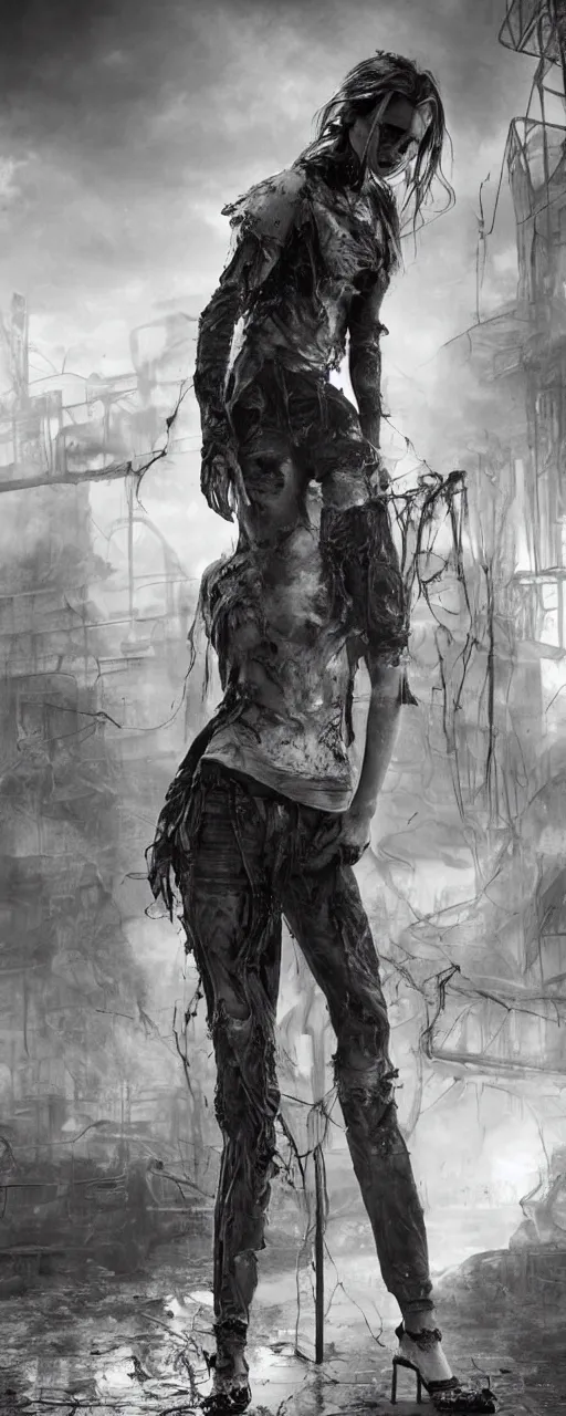 Image similar to Emma Watson dishevelled photorealistic portrait grimy sweating wet face dirty t-shirt and torn jeans in broken biomechanical fractal armour abandoned sci-fi gas station, dark and dim atmospheric smog trending on artstation 8k matte painting, dramatic lighting, dramatic shadows professional photograph by Cecil Beaton