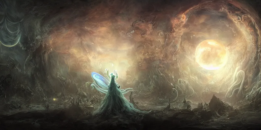 Image similar to concept art of translucent glowing fairies, lovecraftian, renaissance, melting, round moon, rich clouds, fighting the horrors of the unknown, very detailed, volumetric light, mist, fine art, decaying, textured oil over canvas, epic fantasy art, very colorful, ornate scales