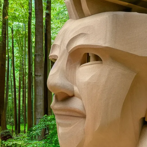 Image similar to human face built by frank lloyd wright, lush trees, 8 k