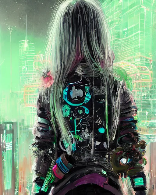 Image similar to detailed portrait Neon guard woman with long straight blonde hair seen from the back, cyberpunk futuristic, reflective puffer jacket, black leggings, decorated with traditional ornaments in front of a dystopian crowd with piles of garbage by Ismail inceoglu dragan bibin hans thoma, Perfect face, fine details, realistic shaded, fine-face, pretty face