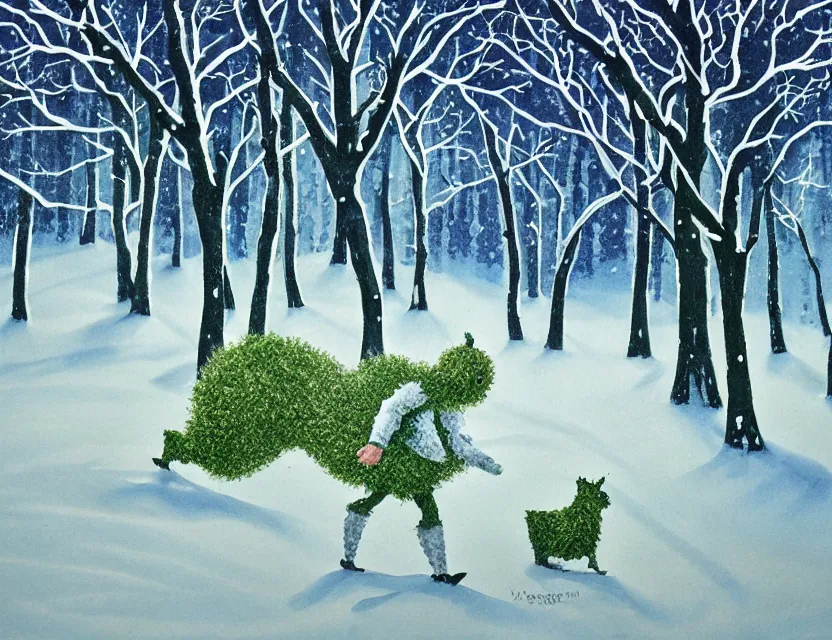 Prompt: lush chia pet frolicking in snowy woods, stormy skies. russian fairytale art, gouache, dynamic composition, backlighting