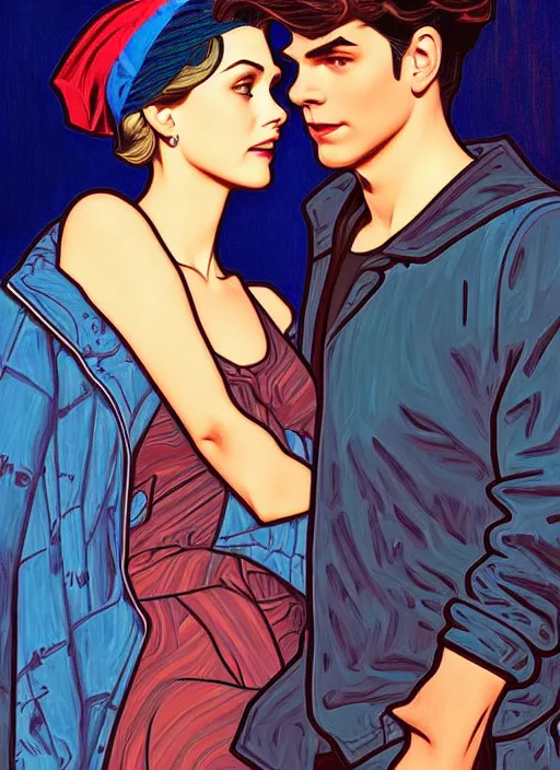 Image similar to oil portrait of jughead jones and betty cooper, intricate, elegant, highly detailed, lighting, painting, artstation, smooth, illustration, art by greg rutowski and alphonse mucha