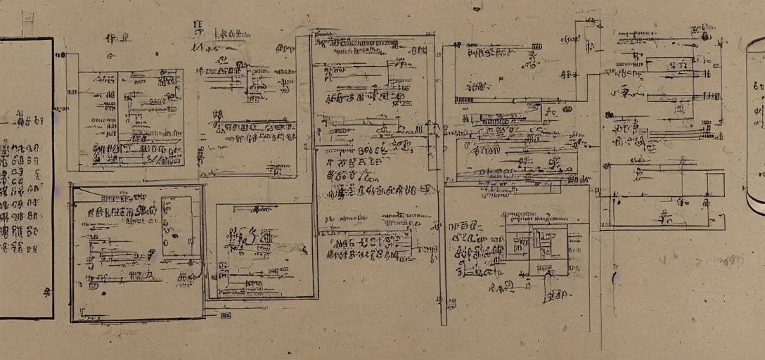 Image similar to detailed sktech of smarthone, laptop and pc on ancient manuscript, ancient chinese manuscript, ink manuscript, technical drawing blueprint