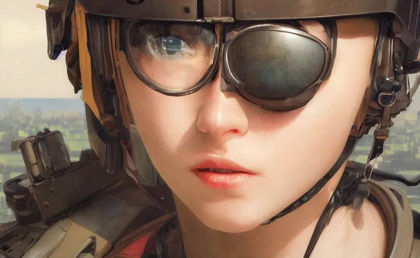 Image similar to a flying girl, fused aircraft parts, military pilot clothing, combat goggles, anime style, short hair, hair down, symmetrical facial features, from arknights, hyper realistic, 4 k, rule of thirds, extreme detail, detailed drawing, trending artstation, hd, realistic lighting, by alphonse mucha, greg rutkowski, shoulder eyes, backlit