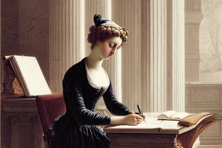 Prompt: 1 8 1 0 s lady writing at her desk by vittorio reggianini, georgian, dress, directoire style, regency, empire silhouette, bright lighting, perfectly detailed eyes, beautiful hands, pale skin, clear face
