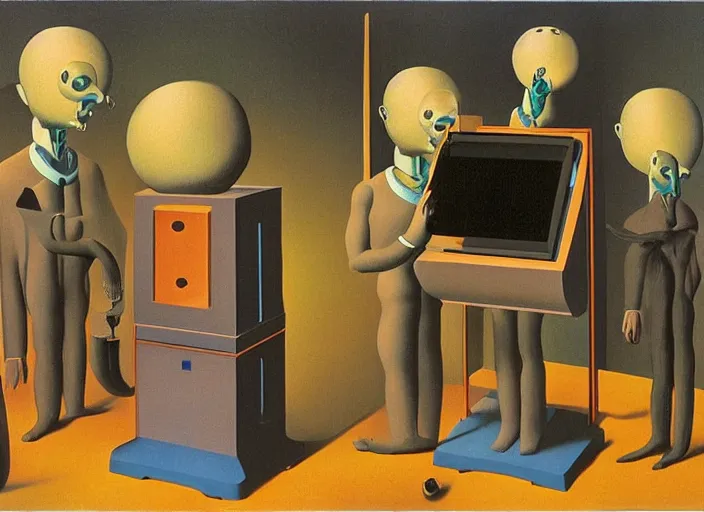 Prompt: strange machine making copies of weird small beings by salvadore dali and rene magritte