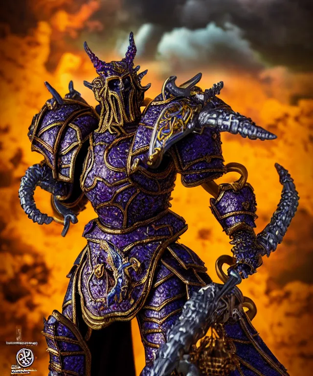 Image similar to hyperrealistic rendering, epic ornate supreme demon overlord, jewel crown, war armor battle, by art of skinner and richard corben, product photography, collectible action figure, sofubi, hottoys, storm clouds, outside, lightning