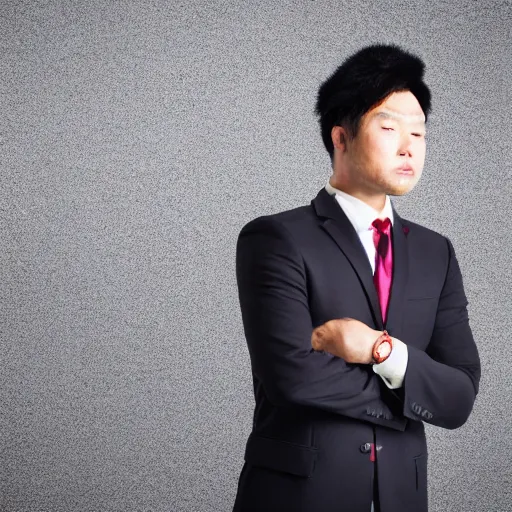 Image similar to asian man in suit distraught wearing birthday hat, office, realistic photo, studio lighting, wide angle dynamic portrait