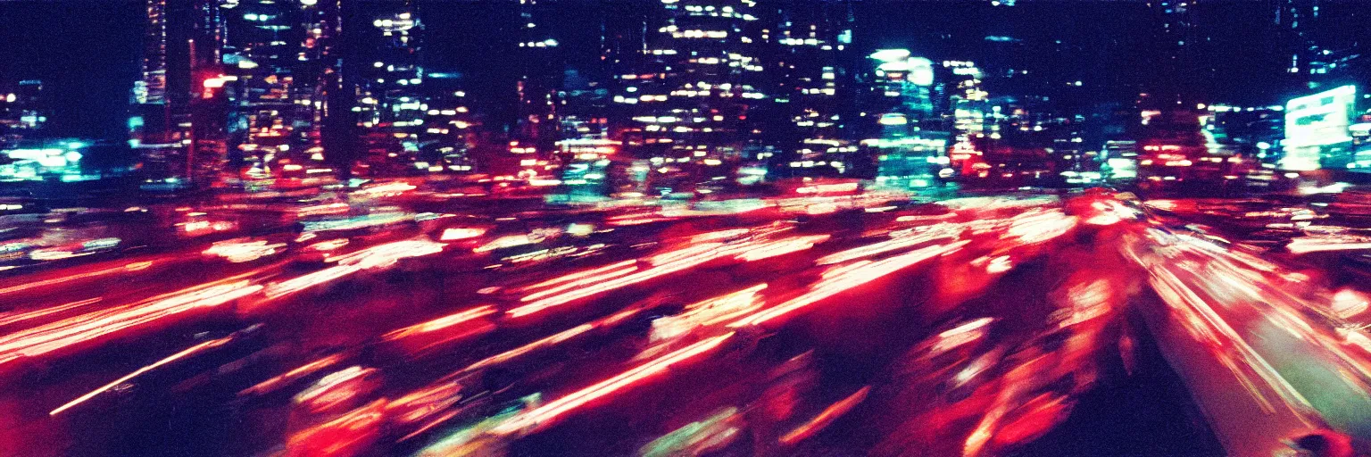 Image similar to 8 0 s neon movie still, portrait of high speed blurred traffic by the river with city in background, medium format color photography, movie directed by kar wai wong, hyperrealistic, photorealistic, high definition, highly detailed, tehnicolor, anamorphic lens