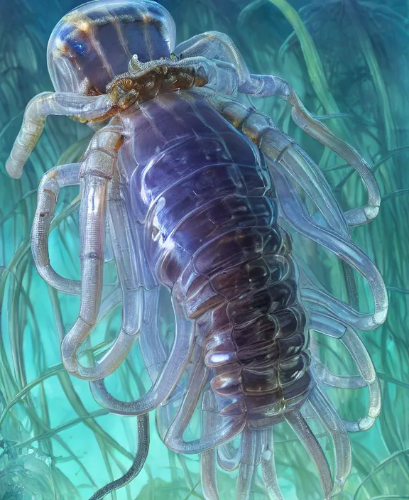 Image similar to intricate opulent transparent clear see - through portrait of a terrifying beautiful male human isopod sea slug, mottled coloring, adorable, childlike, overgrown biopunk jungle environment, ultra realistic, concept art, art nouveau, photorealistic, octane render, 8 k, unreal engine. art by christopher marley and artgerm and greg rutkowski and alphonse mucha