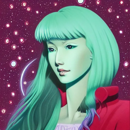 Image similar to A beautiful mixed media art of a woman with long flowing hair, wild animals, and a dark, starry night sky. mint green by Hiroshi Nagai, by Artgerm unplanned, ecstatic