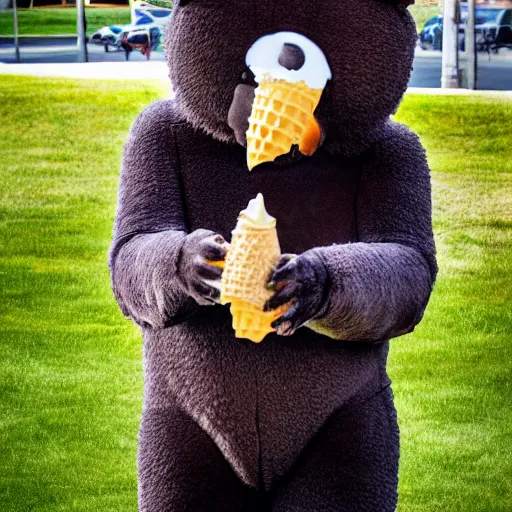 Prompt: a creepy man in a furry bear suit spying on Barack Obama eating a ice cream cone made of cheese, 35mm stock, highly detailed, HDR, ray tracing