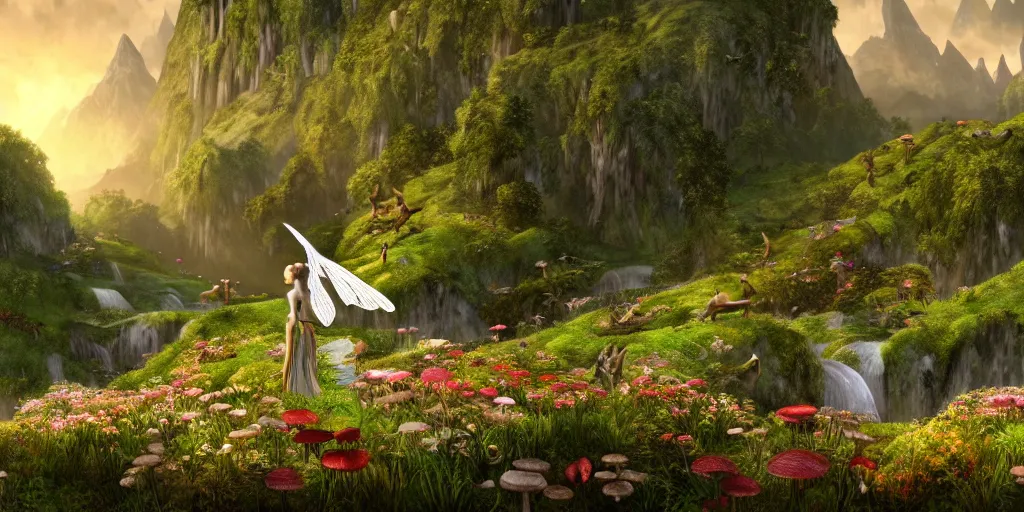 Image similar to an elegant winged fairy in the lord of the rings scenery landscape, looking out at a vast lush valley flowers and homes made of mushrooms, stream, sunrise, god's rays highly detailed, vivid color, cinematic lighting, perfect composition, 8 k, gustave dore, derek zabrocki, greg rutkowski, belsinski, octane render