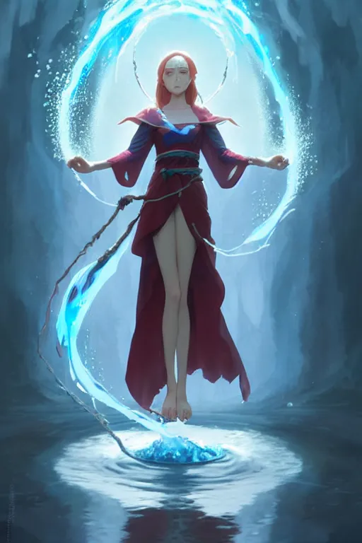 Image similar to elf female sorcerer doing water magic spells, blue robes, red hair, finely detailed perfect face, exquisite details, mid view, design on a white background, by studio muti, greg rutkowski makoto shinkai takashi takeuchi studio ghibli