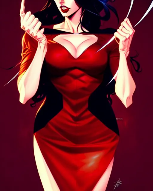 Image similar to artgerm, joshua middleton comic cover art, full body pretty megan fox vampire sharp teeth, red dress, symmetrical eyes, symmetrical face, long curly black hair, dark castle background background, cinematic lighting