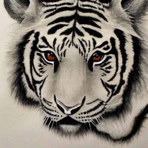 Image similar to tiger head, inkwash painting, highly detailed, traditional japanese art,