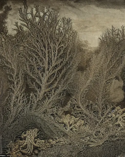 Image similar to a coral reef, made of intricate decorative lace leaf skeleton, in the style of the dutch masters and gregory crewdson, dark and moody