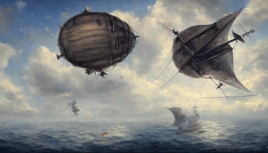 Image similar to a large pirate airship flying among the clouds, soaring through the sky, airship, realist painting, pirate, beautiful, highly detailed, trending on art station