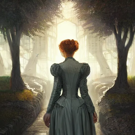 Prompt: portrait of a victorian lady in a futuristic city, from behind, streets, birds in the sky, sunlight and rays of light shining through trees, tall buildings on the sides, beautiful, solarpunk!!!, highly detailed, digital painting