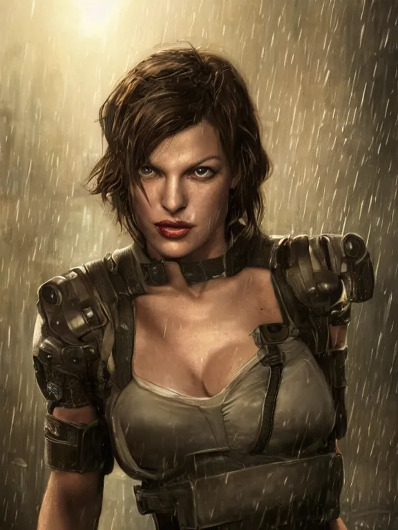 Image similar to portrait of milla jovovich from resident evil fighting in the wreckage city in the rain, by tom bagshaw, cedric peyravernay, james paick, ted nasmith, peter gric, hugh ferriss, trending on artstation, 8 k, blade runner 2 0 4 9, ultra realistic, high detail, golden ratio, cinematic lighting, maximalist