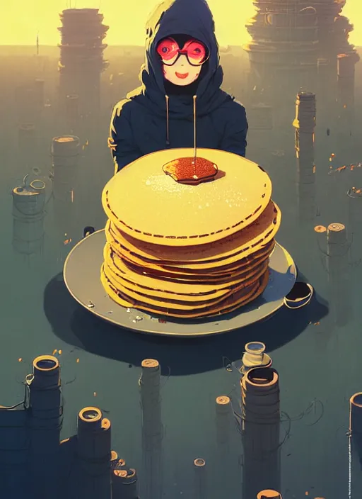 Image similar to highly detailed portrait of a huge stack of pancakes by atey ghailan, james gilleard, by joe fenton, by greg rutkowski, by greg tocchini, by kaethe butcher, 4 k resolution, gradient yellow, black, brown and cyan color scheme, grunge aesthetic!!! ( ( dystopian graffiti tag wall in background ) )