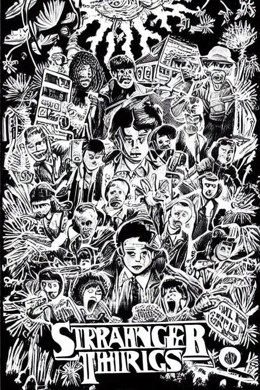 Image similar to mcbess illustration of the upside down from stranger things