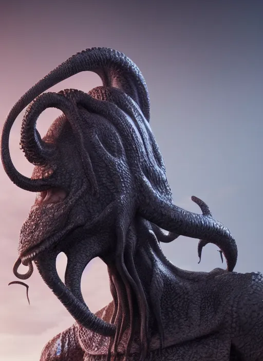 Prompt: concept art of a cthulhu looking creature, sharp, digital art, trending on artstation, wayne barlowe, unreal engine, octane render, vray, ray - traced, intricate, hd, behance