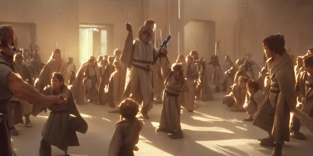 Image similar to A full color still of Mark Hamill as Jedi Master Luke Skywalker training a diverse room of young Jedi padawans, with large windows showing a sci-fi city outside, at dusk at golden hour, from The Phantom Menace, directed by Steven Spielberg, 1997