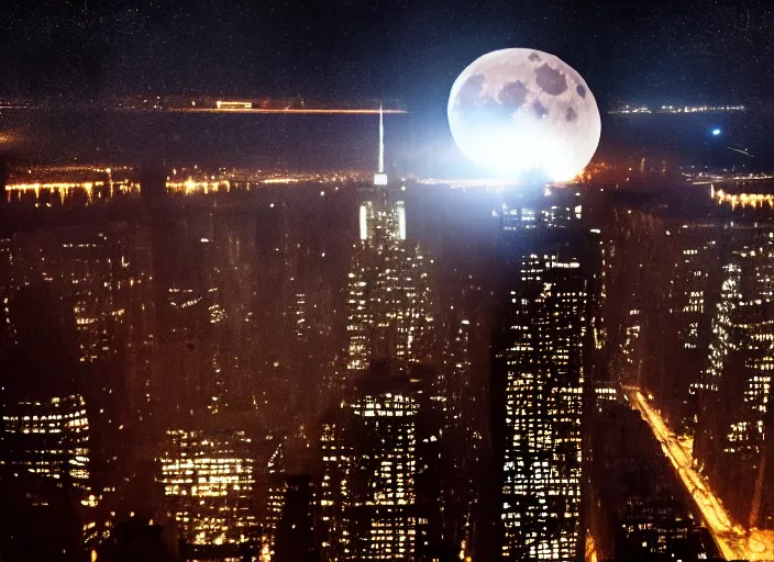 Image similar to film still of the moon shattering into pieces over manhatten in the new disaster movie, 8 k, night time