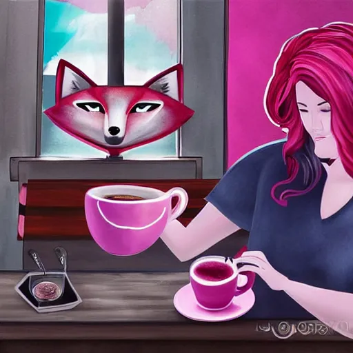 Prompt: captain janeway sharing coffee with a robotic fox with pink hair, in a french cafe, digital art