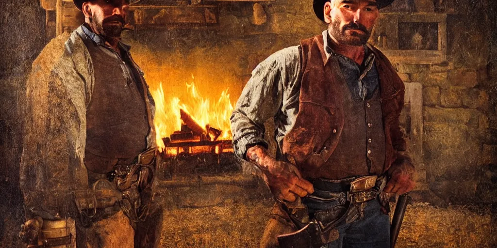 Image similar to in an old west cabin, close up shot a rugged, Dave Bautista cowboy standing (alone) at his fireplace, in the style of Fredrick Remington, oil painting