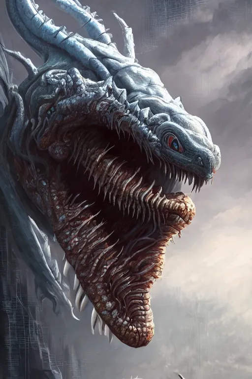 Prompt: ultra realist and ultra intricate detailed soft painting of a gigantic wyrm opened mouth, symmetry features, huge ivory teeth, slimy tongue, sensual gloomy style, volumetric clouds, cyberpunk background, artstation, unreal render, depth of field