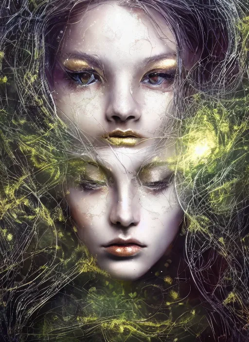 Image similar to glowing silver and golden elements, full close-up portrait, young female face model as a dark witch in front of the full big moon, book cover, green forest, red white black colors, establishing shot, extremly high detail, photo-realistic, cinematic lighting, pen and ink, intricate line drawings, by Yoshitaka Amano, Ruan Jia, Kentaro Miura, Artgerm, post processed, concept art, artstation, matte painting, style by eddie, raphael lacoste, alex ross