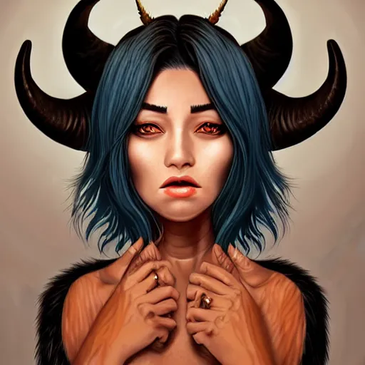 Image similar to illustrated realistic portrait of ram-horned devil woman with blue bob hairstyle and her tan colored skin and with solid black eyes wearing leather by rossdraws