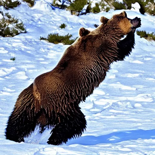 Image similar to jumping grizzly bear, photo, masterpiece