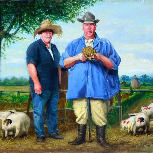 Prompt: a proud englishman farmer showing off his prized blue ribbon hog at the county fair, oil painting