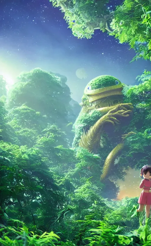 Image similar to a still of a cute adorable tiny astronaut, on a planet of lush foliage, with an enormous kaiju dragon surrounding, magical forest, sharp focus, neon backlit, highly detailed, disney pixar studio ghibli makoto shinkai, digital painting, matte, octane render, global illumination, iridescent, anime, 8 k