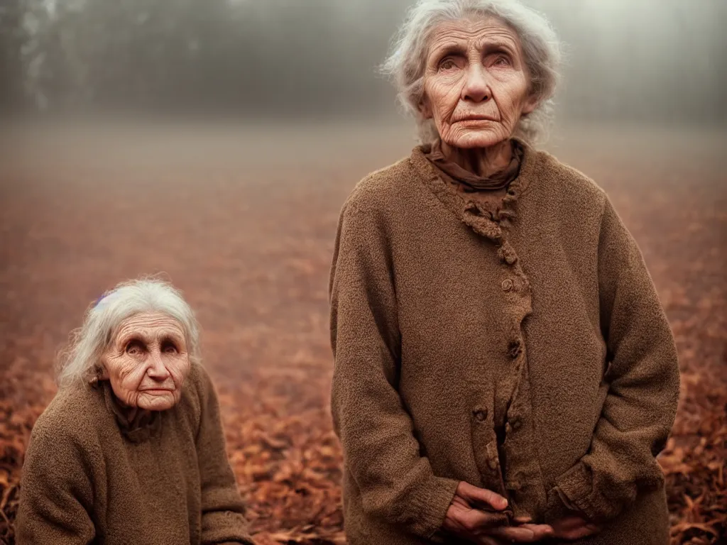 Image similar to medium shot portrait bust of old woman sitting on fence, tired expression, faded color film, russian cinema, tarkovsky, technicolor, heavy forest, wood cabin in distance, shallow depth of field, long brown hair, old clothing, heavy fog, brown color palette, sunset, low light, hudson river school, 4 k, dramatic lighting