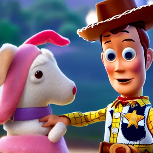 Prompt: woody trying to kiss bo peep in Toy Story 4