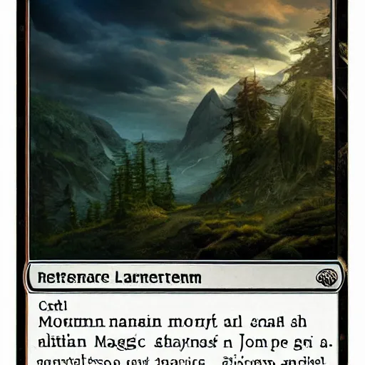 Prompt: mountain landscape magic the gathering card, John Avon, black, atmospheric, 8k high definition - n 9