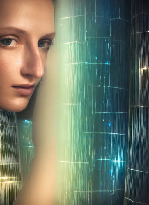 Prompt: hyper realistic and detailed closeup photo of a female android with segmented iridescent translucent panels with sunset over a futuristic city behind her by annie leibovitz