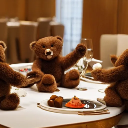 Prompt: teddy bears eating a fancy dinner at a Michelin star restaurant